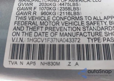 2022 Honda Accord Sport из США, поврежденный, VIN 1HGCV1F37NA043372